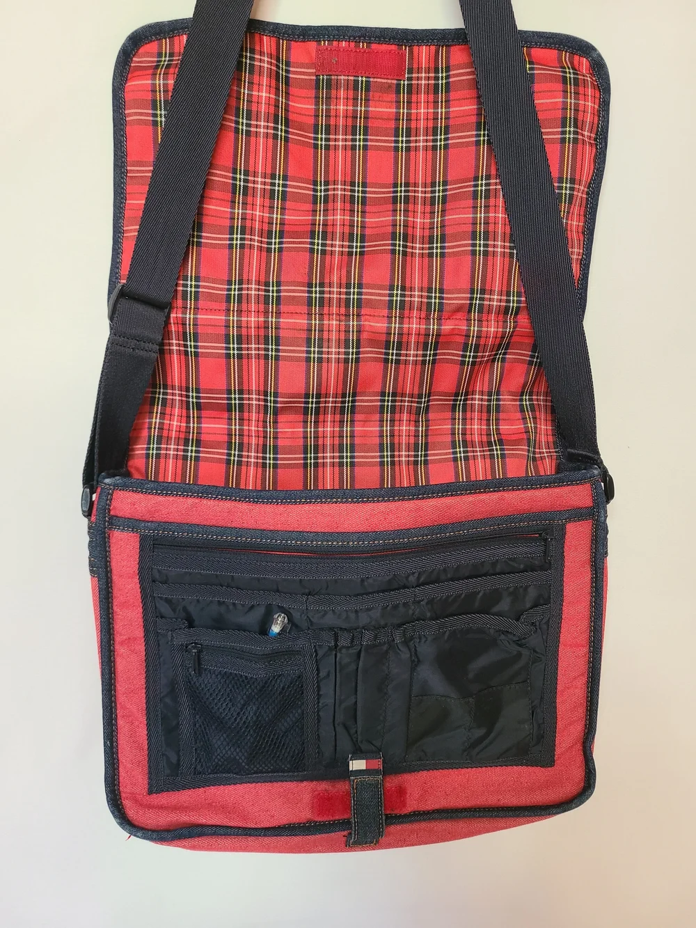 Vintage Tommy Hilfiger Red Denim Messenger Bag T Logo Plaid Lined Y2K